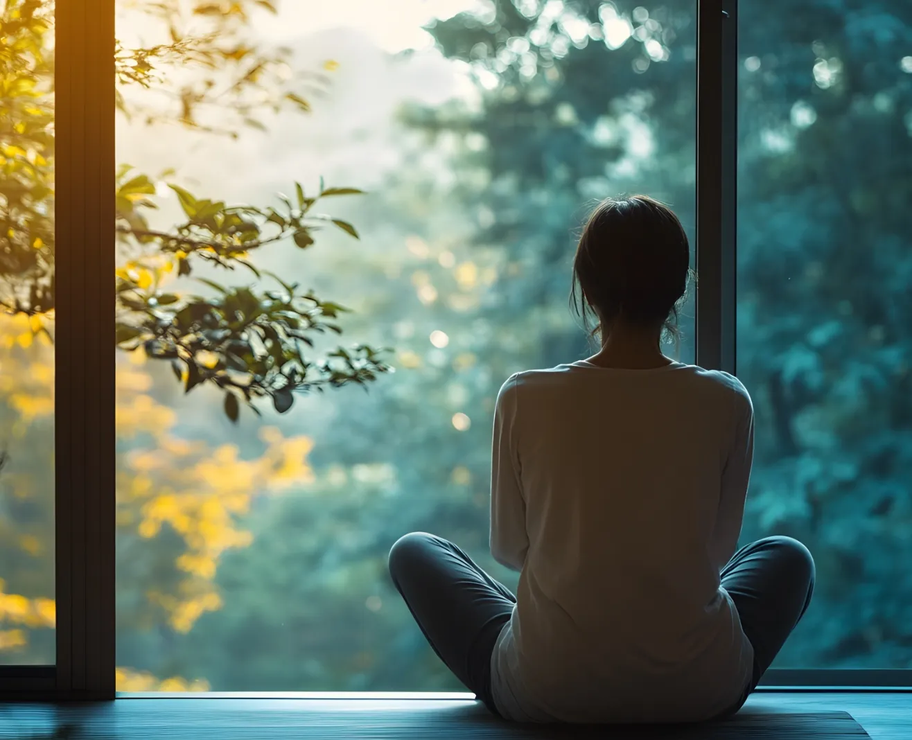 Silhouette d'une femme assise face à une fenêtre, regardant la nature